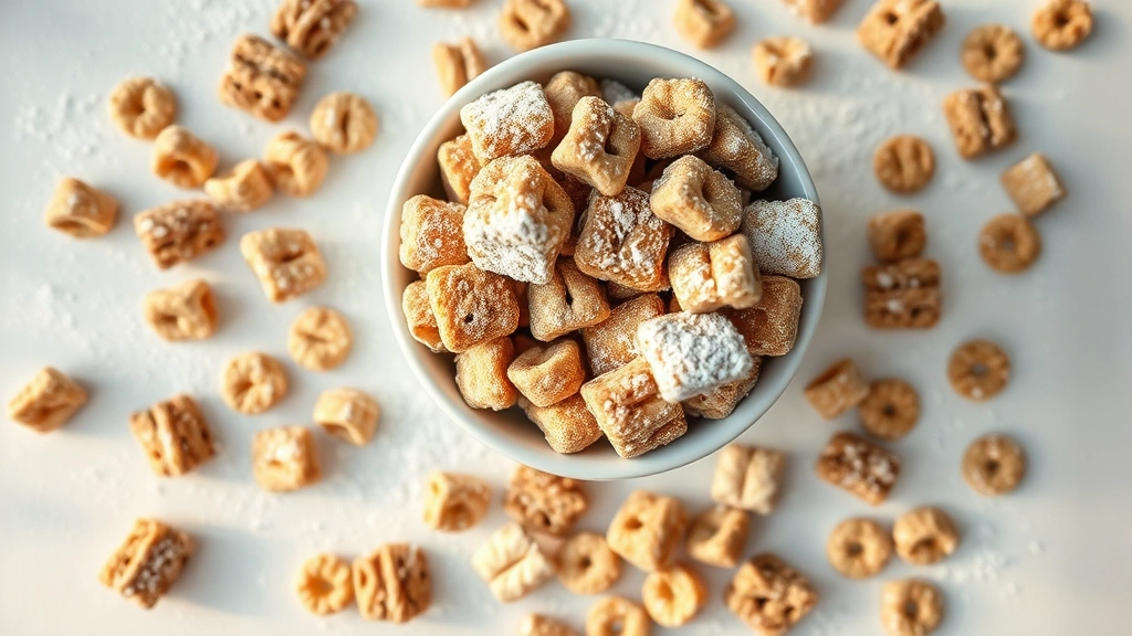 hero: overhead shot of finished Muddy Buddies in a white ceramic bowl, scattered on white surface with powdered sugar dusting, golden afternoon light streaming from left, shallow depth of field, food styling with scattered cereal pieces