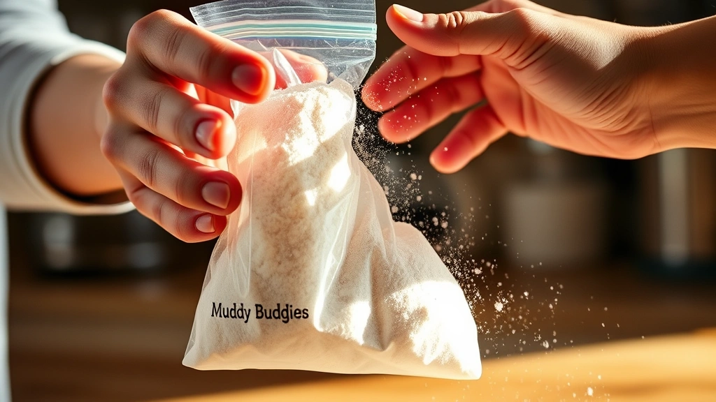 process: close-up of hands shaking powdered sugar coating in clear zip-top bag with Muddy Buddies, natural kitchen light, action shot mid-shake, showing texture and movement