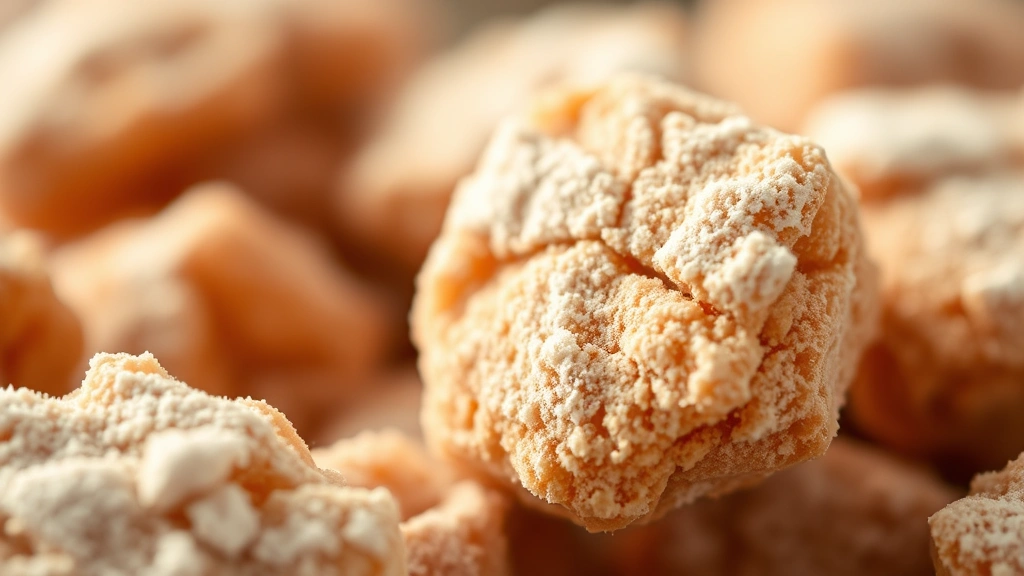 detail: macro shot of single Muddy Buddy showing crispy texture and powdered sugar coating, warm soft lighting, blurred similar pieces in background, shallow focus on surface details