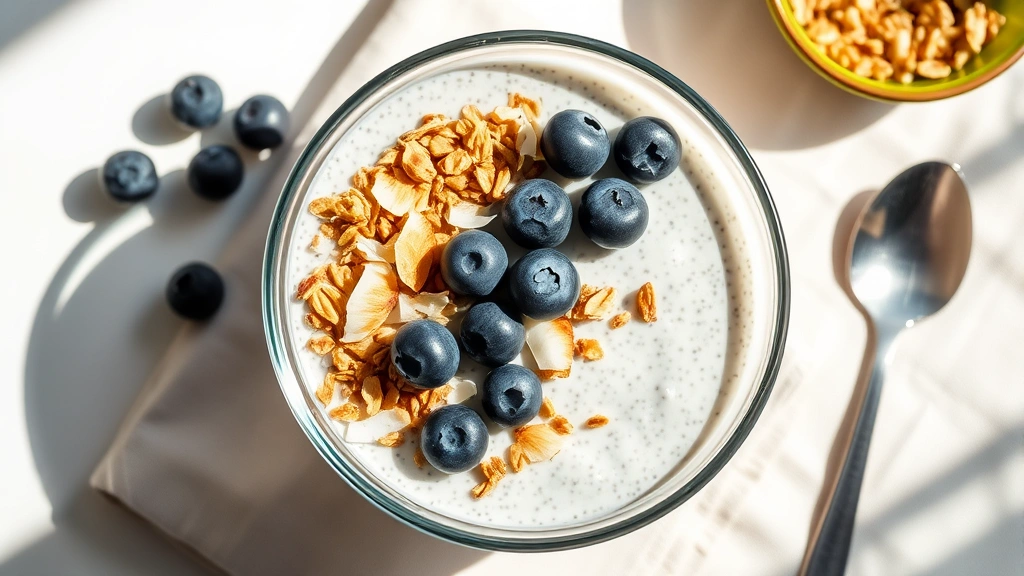 hero: overhead view of creamy chia pudding in glass bowl topped with fresh blueberries, toasted coconut flakes, and granola, tropical bright setting, morning sunlight streaming in, minimalist styling with pale linen napkin