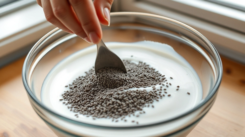 process: hands stirring chia seeds into silky coconut milk in glass bowl, close-up action shot, natural kitchen window light, showing texture of seeds dispersing through liquid