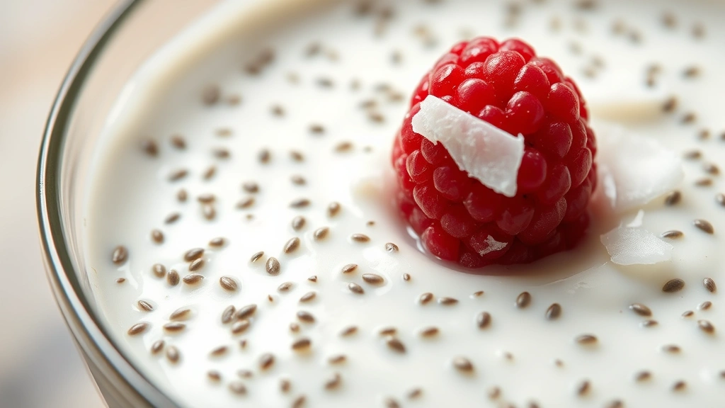 detail: extreme close-up of finished chia pudding showing individual chia seeds suspended in creamy coconut base, topped with single raspberry and coconut flake, soft natural lighting, shallow depth of field, appetizing and luxurious appearance