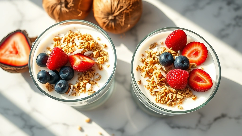 hero: two beautiful glass bowls of creamy white coconut chia seed pudding topped with fresh berries, granola, and shredded coconut, photographed from above with natural morning light streaming in, on a marble countertop with fresh coconuts nearby, photorealistic, no text
