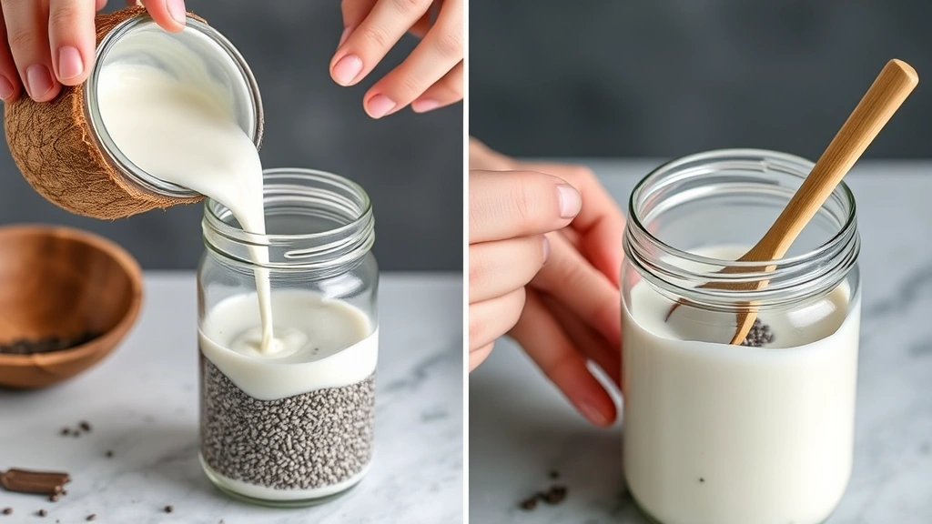 process: hands pouring thick coconut milk into a glass jar with chia seeds, stirring with a wooden spoon, photorealistic close-up action shot with natural light, no text