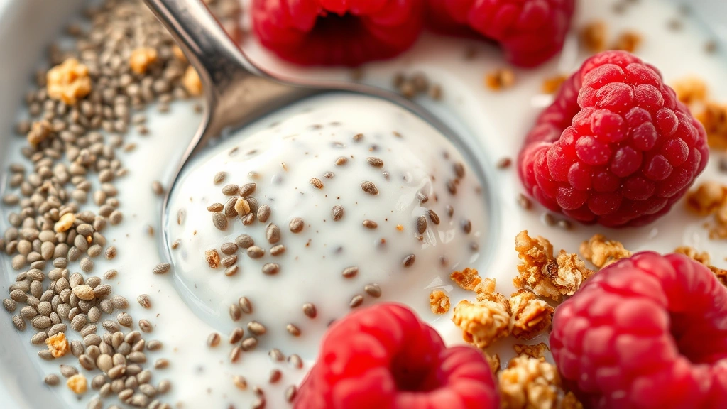 detail: extreme close-up of chia seed pudding texture showing the creamy coconut milk and hydrated chia seeds with a spoon, topped with fresh raspberries and granola, photorealistic with natural soft light, no text