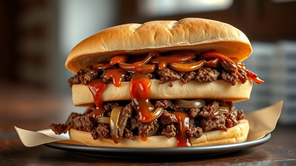 hero: stacked Chicago beef sandwich with gravy dripping, caramelized onions and green peppers visible, soft Italian roll, photorealistic, natural window light, no text, shallow depth of field