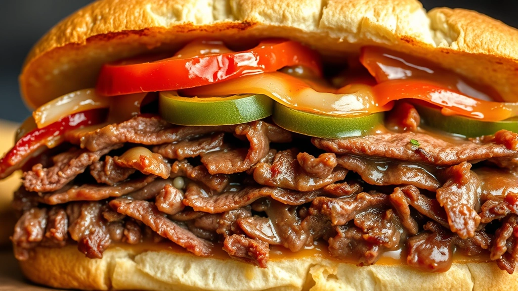 detail: close-up cross-section of Chicago beef sandwich showing layers of tender meat, peppers, onions, and gravy, photorealistic, natural light, no text