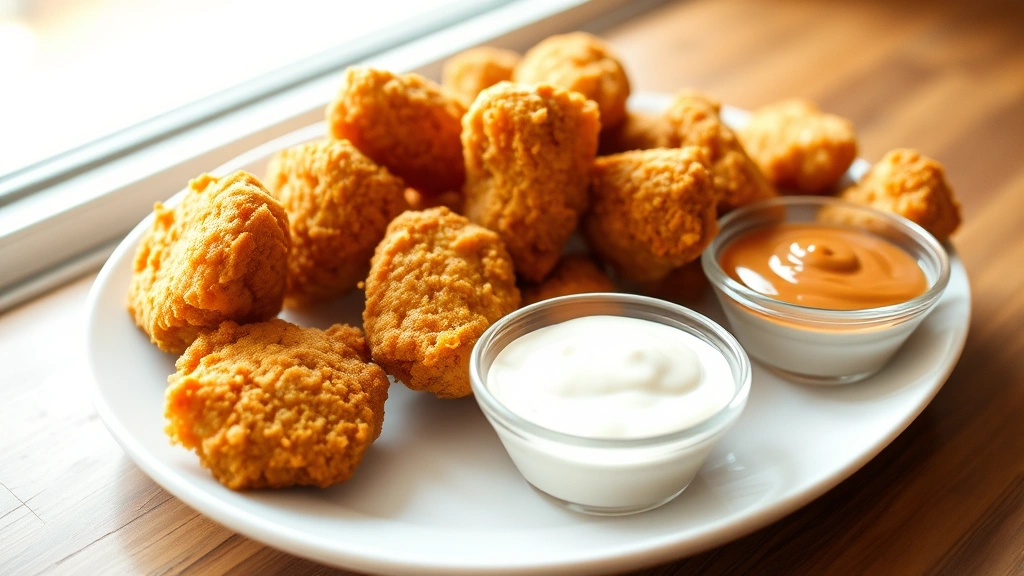 hero: golden crispy homemade chicken nuggets arranged on a white plate with honey mustard and ranch dipping sauces, photorealistic, natural bright window lighting, shallow depth of field, no text
