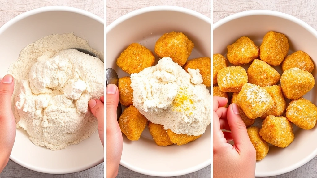 process: hands coating breaded chicken nuggets with flour mixture in a shallow white bowl, photorealistic, warm natural lighting, close overhead angle, no text