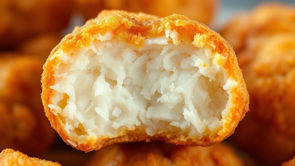 detail: close-up cross-section of a single bite-sized nugget showing crispy golden exterior and tender white chicken interior, photorealistic, bright natural light, macro photography style, no text