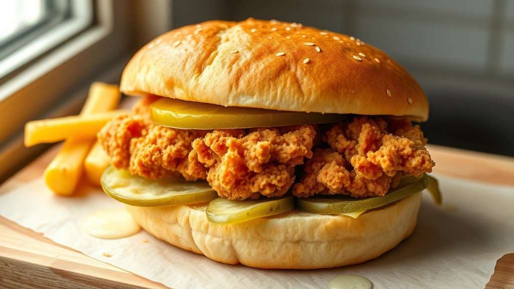 hero: golden crispy fried chicken sandwich on buttered bun with dill pickle, photorealistic, natural window light, overhead angle, no text