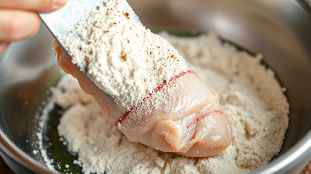 process: chicken breast being dredged in seasoned flour mixture over shallow bowl, photorealistic, natural light, close action shot, no text