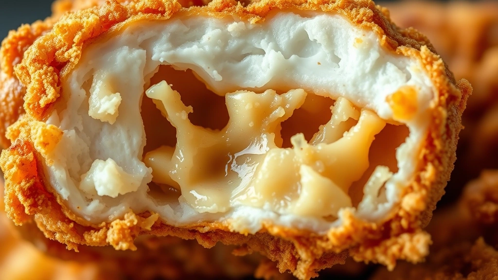 detail: cross-section of bite of fried chicken showing juicy interior and crispy golden breading, photorealistic, natural light, extreme close-up macro, no text