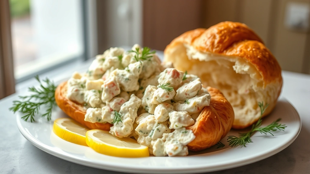 hero: creamy chicken salad served on a white plate with fresh croissant halves, garnished with fresh dill and lemon slices, soft natural window light, preppy elegant styling