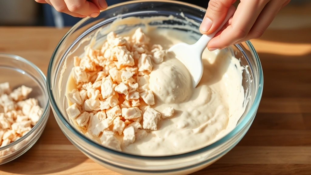 process: hands folding diced chicken into creamy mayo mixture in a glass bowl with a rubber spatula, bright natural kitchen lighting, close-up action shot