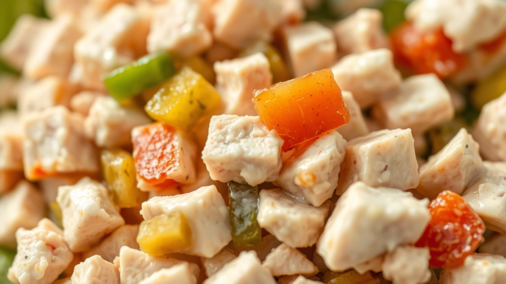 detail: close-up macro shot of finished chicken salad showing diced chicken pieces, sweet pickle relish pieces, and creamy dressing, shallow depth of field, natural daylight