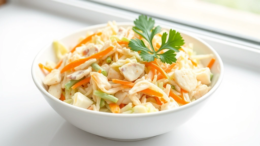 hero: creamy coleslaw in a white bowl with fresh green cabbage and orange shredded carrots visible, garnished with a parsley sprig, natural window light, clean white background, appetizing and fresh appearance