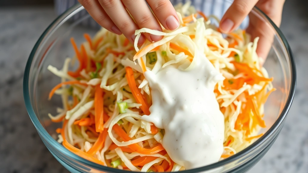 process: hands tossing shredded cabbage and carrots with creamy white dressing in a large glass mixing bowl, natural kitchen light, action shot showing the mixing process