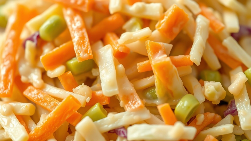 detail: close-up macro shot of creamy coleslaw showing individual shreds of cabbage and carrot coated in rich dressing, shallow depth of field, natural lighting highlighting the texture and freshness