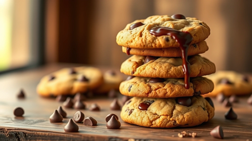 hero: stack of warm chocolate chip cookies with melting chocolate, photorealistic, golden hour natural light, cookies on rustic wooden surface, no text