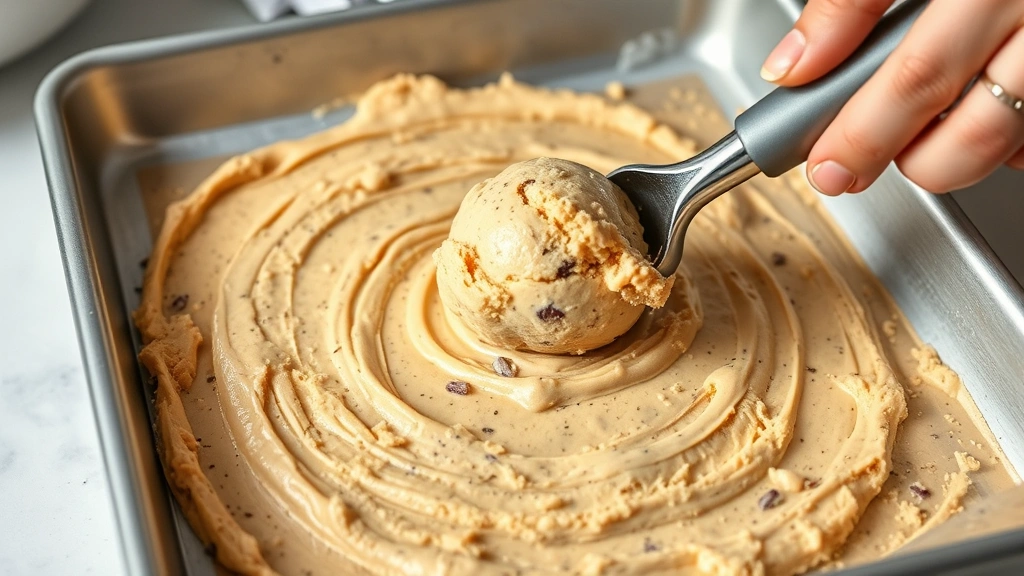 process: spreading cookie dough on baking sheet with ice cream scoop, photorealistic, bright kitchen lighting, close-up action shot, no text