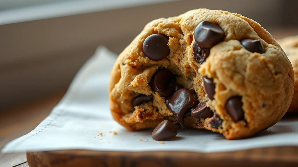 detail: close-up of single warm cookie broken in half showing melted chocolate chips and soft interior, photorealistic, natural window light, no text