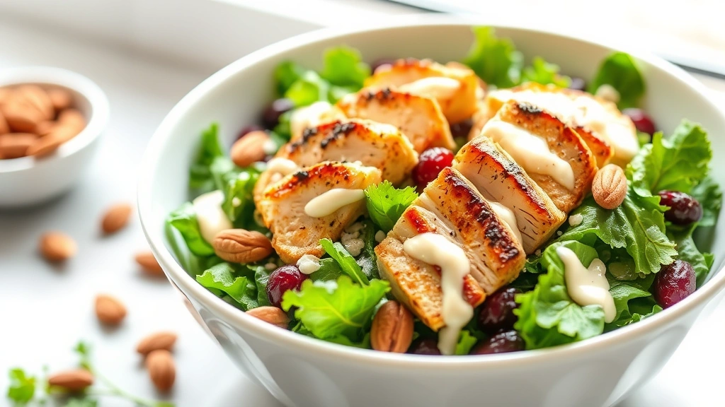 hero: vibrant kale salad in white bowl with grilled chicken slices on top, roasted almonds and cranberries scattered, creamy dressing drizzled, natural window light, bright and fresh, no text