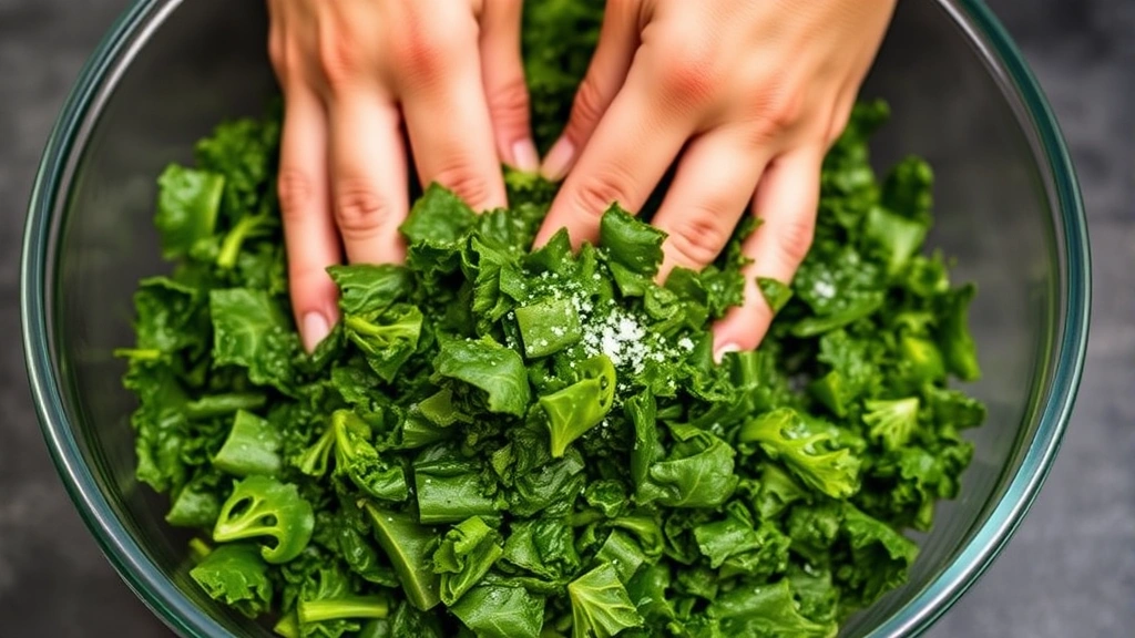 process: hands massaging chopped kale in large bowl with olive oil and salt, close-up action shot, natural daylight, professional food photography, no text
