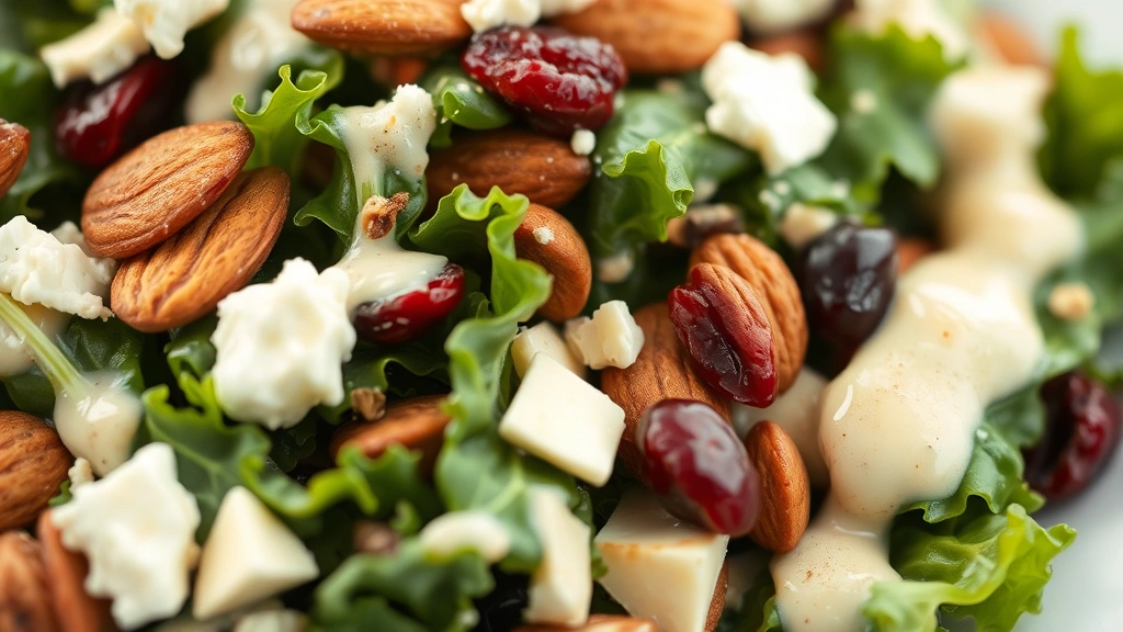 detail: close-up of salad components showing texture of kale, almonds, cranberries, cheese crumbles, and creamy dressing coating, shallow depth of field, natural light, no text
