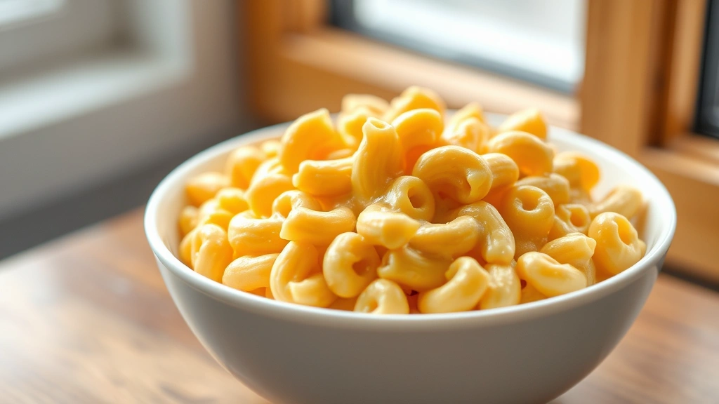 hero: creamy mac and cheese in a white bowl, golden-orange cheese sauce coating elbow pasta, photorealistic, natural window light, no text, appetizing presentation