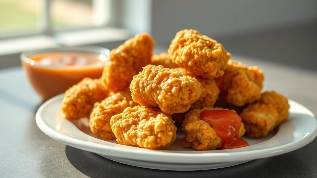 hero: golden crispy Chick-fil-A style chicken nuggets piled on a white plate with copycat Chick-fil-A sauce in background, photorealistic, natural daylight streaming in, no text, appetizing presentation