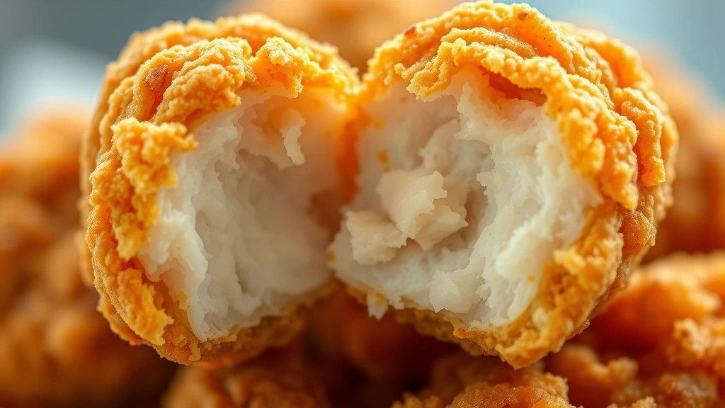 detail: close-up of single golden fried chicken nugget broken in half showing juicy tender white chicken interior with crispy coating, photorealistic, macro photography, natural light, no text, food styling