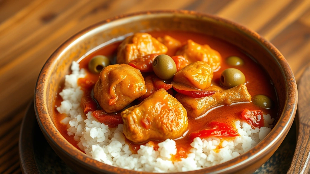 hero: Chicken Afritada served in a rustic bowl over white rice, golden-brown chicken pieces visible in rich reddish-brown sauce with green olives and red peppers, steam rising, Filipino comfort food, warm lighting, wooden table background, photorealistic, natural light, no text