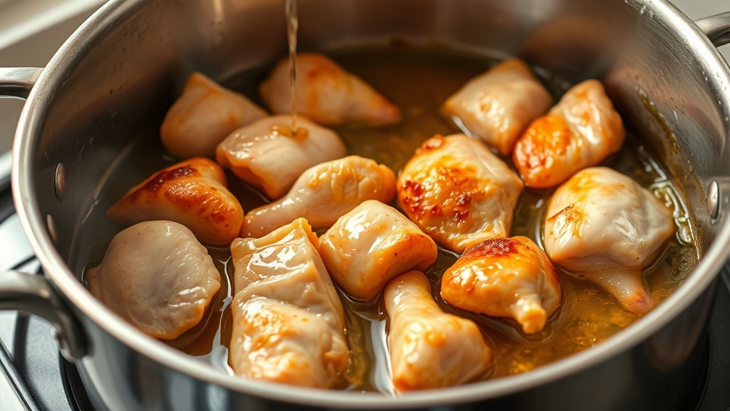 process: Browning chicken pieces in a large pot with oil until golden and crispy, showing the searing process with rendered fat and color development, photorealistic, natural light, no text, cooking action shot