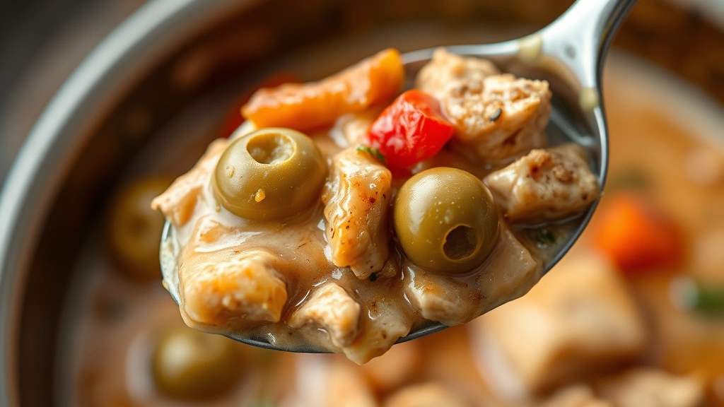detail: Close-up of a spoonful of Chicken Afritada showing tender chicken, creamy sauce, green olive, potato chunk, and bell pepper, glossy sauce coating, photorealistic, natural light, no text, appetizing macro photography