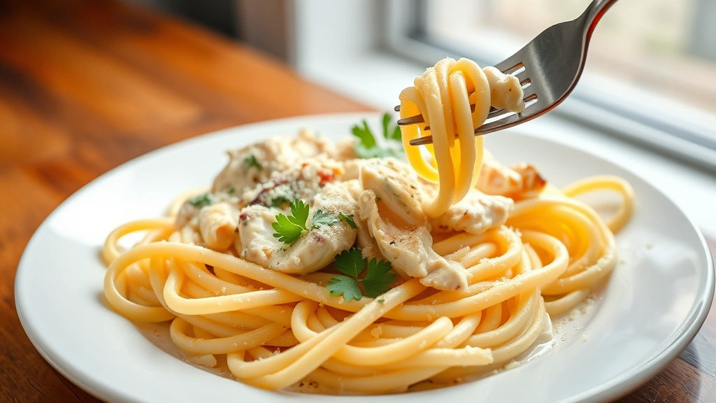 hero: creamy chicken Alfredo on white plate with fresh parsley garnish and grated Parmesan, fettuccine pasta, photorealistic, natural window light, fork twirling pasta, elegant plating, no text
