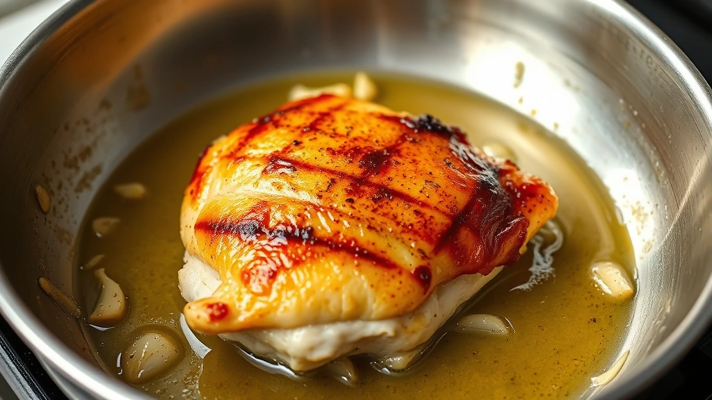 process: golden seared chicken breast in stainless steel skillet, butter and garlic, photorealistic, natural light, close cooking action shot, no text