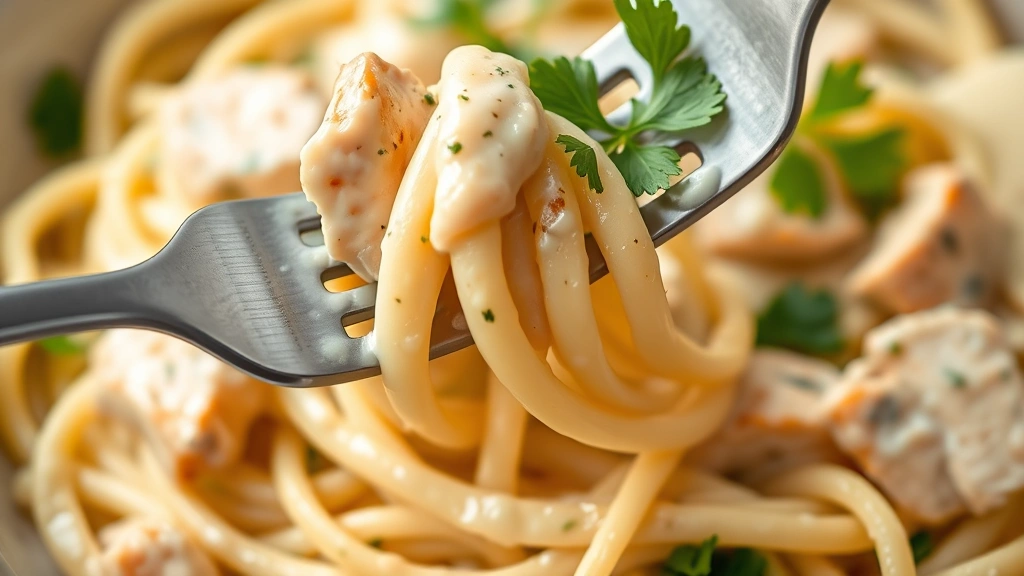 detail: close-up of fork twirling fettuccine coated in creamy Alfredo sauce with sliced chicken and fresh parsley, photorealistic, shallow depth of field, natural light, no text