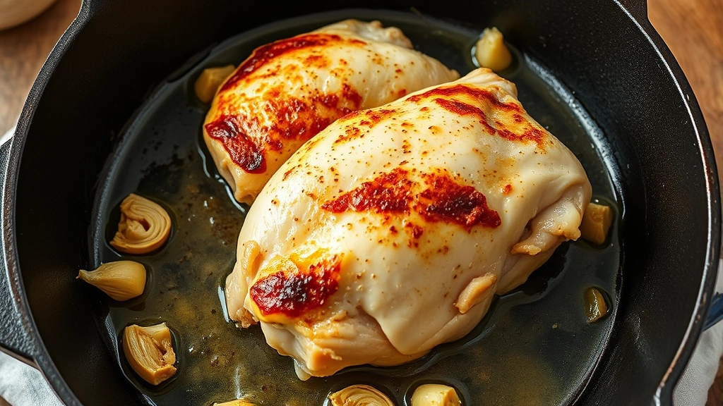 process: chicken searing in cast iron skillet with golden brown crust, artichokes and garlic visible, photorealistic, natural light, no text