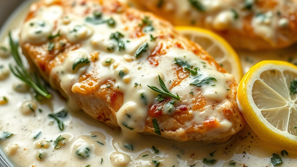 detail: close-up of creamy artichoke sauce coating tender chicken with fresh lemon and herbs visible, photorealistic, natural light, no text
