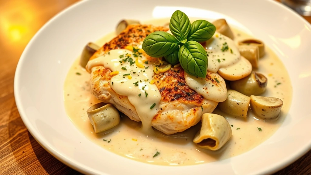 hero: plated chicken and artichoke with creamy sauce, garnished with fresh basil and lemon zest, served on white plate with artichoke hearts visible, warm golden lighting, no text, restaurant quality