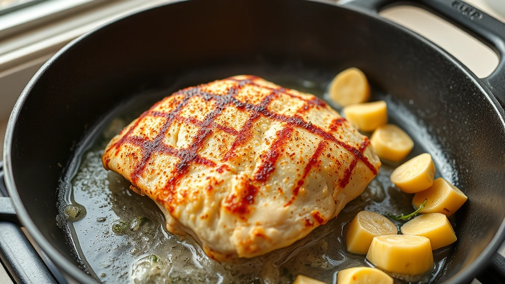 process: chicken breast being seared in cast iron skillet with golden crust, artichoke hearts and herbs visible in background, sizzling action shot, natural kitchen window light, no text