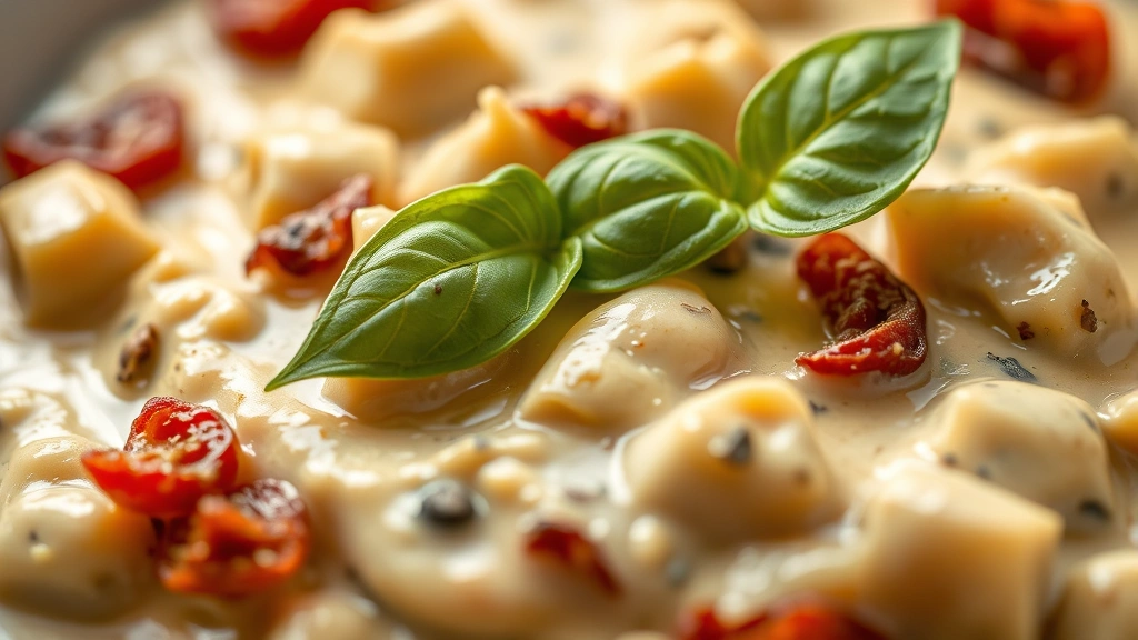 detail: close-up of creamy sauce with artichoke hearts and sun-dried tomatoes, fresh basil leaf on top, shallow depth of field, warm natural light highlighting texture, no text