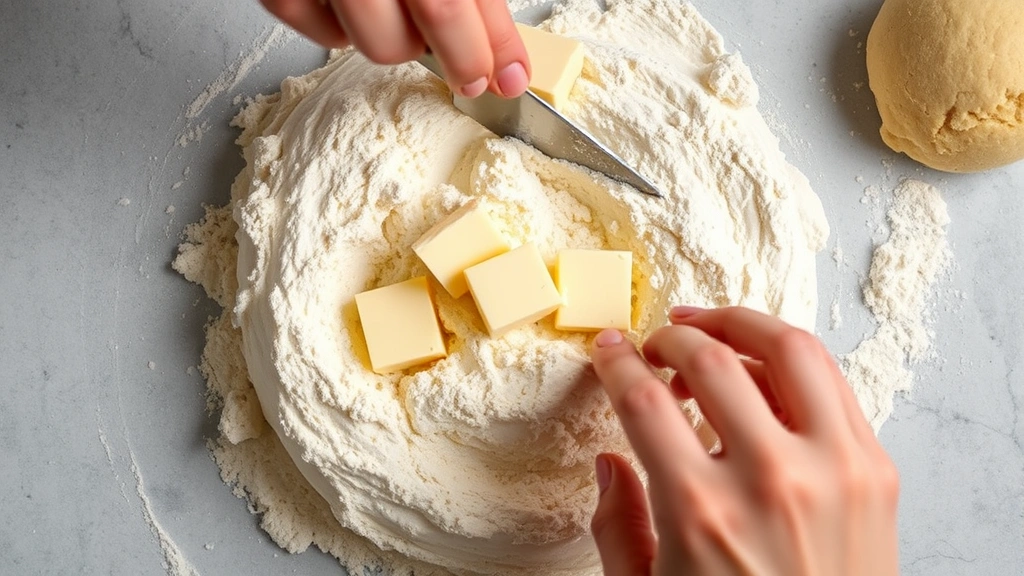 process: hands cutting cold butter into flour mixture for biscuit dough, overhead view, bright kitchen lighting, showing texture and technique