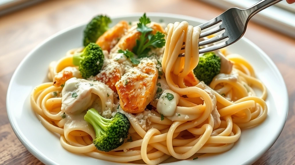 hero: creamy chicken and broccoli alfredo pasta dish on white plate, fettuccine noodles, golden seared chicken pieces, bright green broccoli florets, silky cream sauce, garnished with fresh parsley and parmesan cheese, fork twirling pasta, natural window light, no text