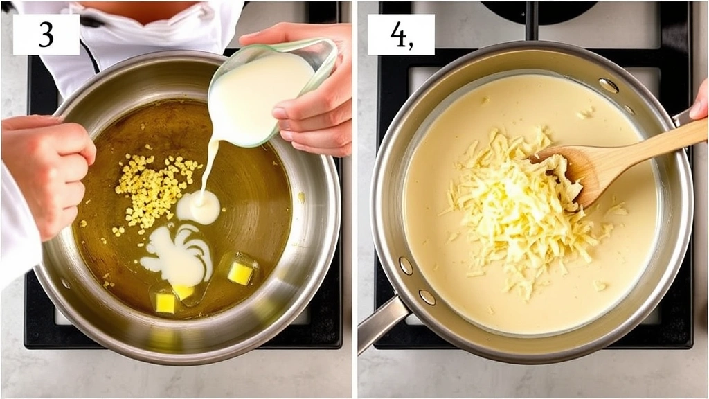 process: chef stirring minced garlic in melted butter in stainless steel skillet, cream being poured into pan, shredded parmesan cheese being added to creamy sauce, wooden spoon stirring, natural kitchen lighting, overhead angle, no text