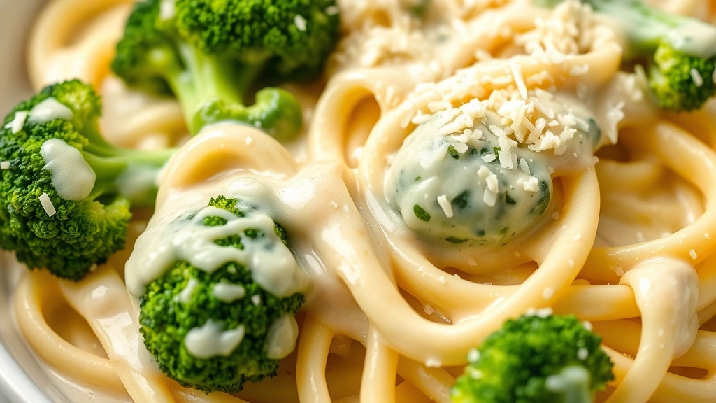 detail: close-up of creamy alfredo sauce coating fettuccine noodles, broccoli florets covered in silky sauce, fresh grated parmesan cheese on top, vibrant green and white colors, shallow depth of field, natural lighting, no text