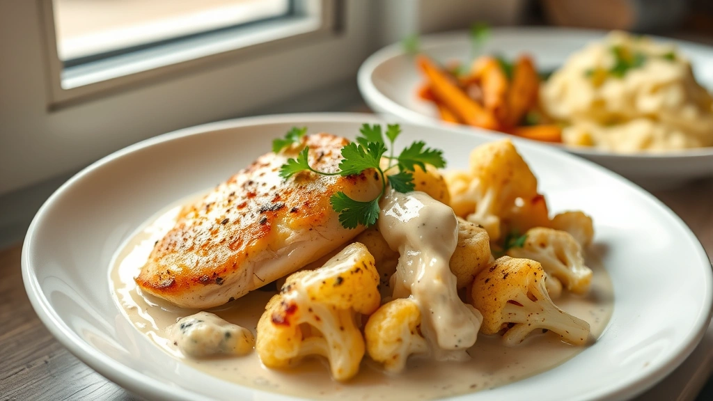 hero: creamy chicken and cauliflower dish in white bowl, golden seared chicken breast, roasted cauliflower florets, rich cream sauce, fresh parsley garnish, natural window light, elegant plating on white dishes, photorealistic