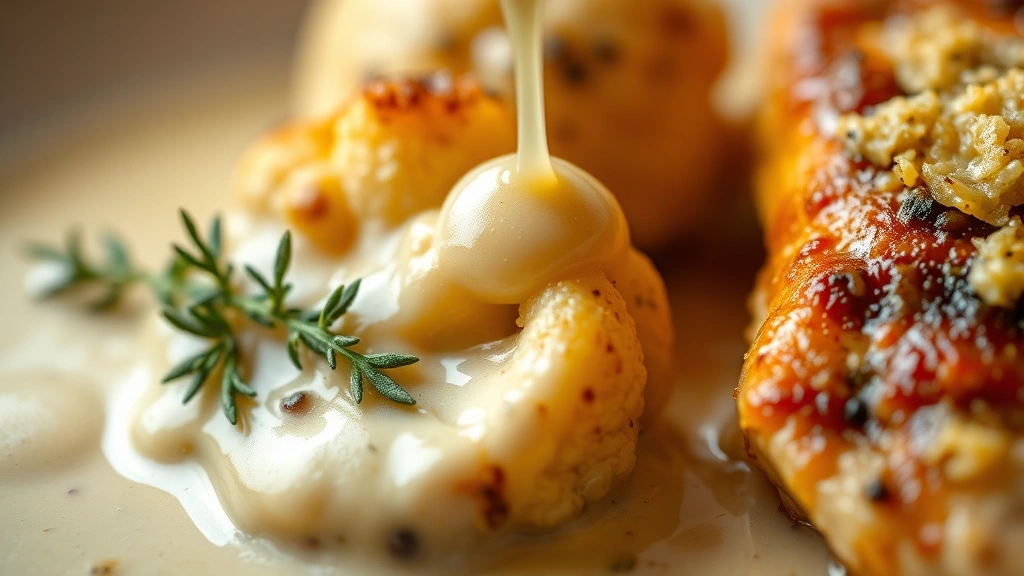 detail: close-up of creamy Parmesan sauce coating cauliflower floret and chicken, fresh thyme garnish, sauce dripping, shallow depth of field, warm natural lighting, food photography style