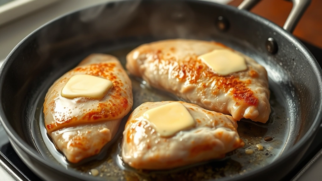 process: chicken breasts searing in skillet with butter, golden brown crust forming, steam rising, photorealistic, natural light, no text